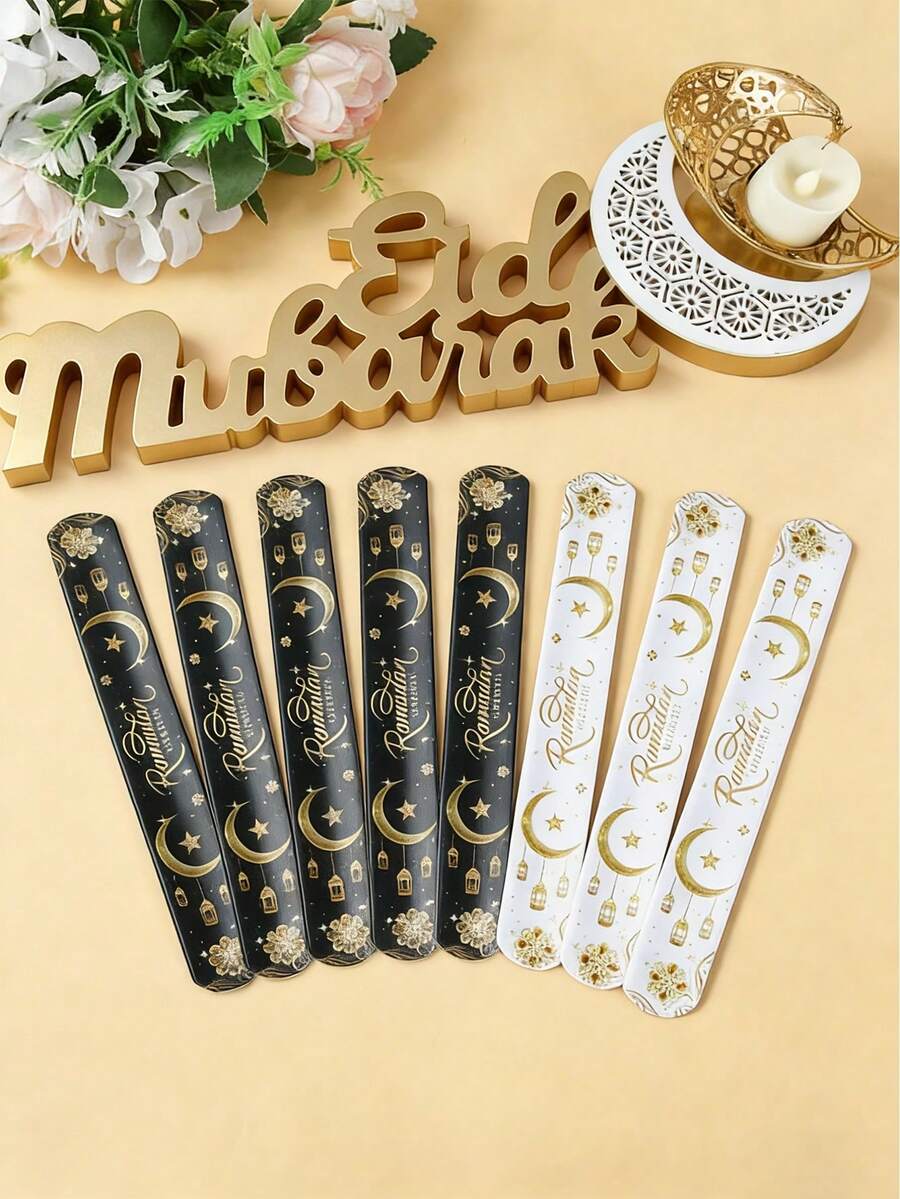 12-Pack Ramadan Wristbands, Eid Mubarak Faith & Spiritual Encouragement, No Electricity Required, Featherless, Ideal For Church Events & Ramadan Kareem Celebrations - Black and White - View 1