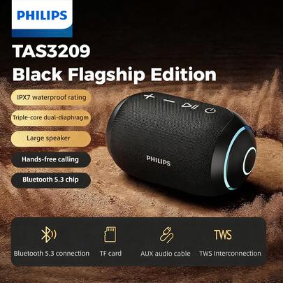 PHILIPS Loa không dây TAS3209, chống nước IPX7, đèn RGB, pin 1800mAh, chất lượng âm thanh TWS độ trung thực cao, Bluetooth 5.3, sạc Type-C, thiết kế lưới hình quả bóng đá, thích hợp cho cắm trại, chơi game, xem phim tại nhà và các trường hợp khác.
