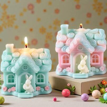 EASTER BUNNY HOUSE Silicone Mold: Cottage Candle Mold With Bunny Holding Egg, Spiral Roof, Chimney & Arch Door/Window; Easter Castle House Resin, Concrete, Plaster Mold For Candle, Soap, Handmade Crafts