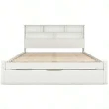 Solid Wood Double Bed With Drawers And Slatted Base, Integrated Bookcase For Teenagers And Adults, Children's Bed, 140 X 200 Cm, White - White - View 8