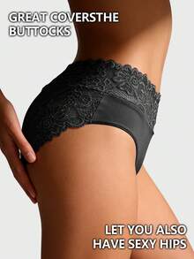 3条装蕾丝拼接系列无痕内裤，优雅透气柔软面料，时尚全包臀内裤，女士三角裤 - 黑色 - 查看 3