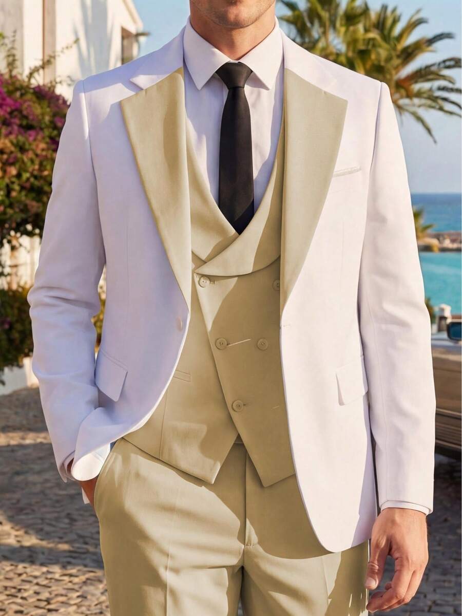 3pcs Men's Slim Fit Suit Set, Men's Wedding Party Formal Business Suit - Champagne - View 1