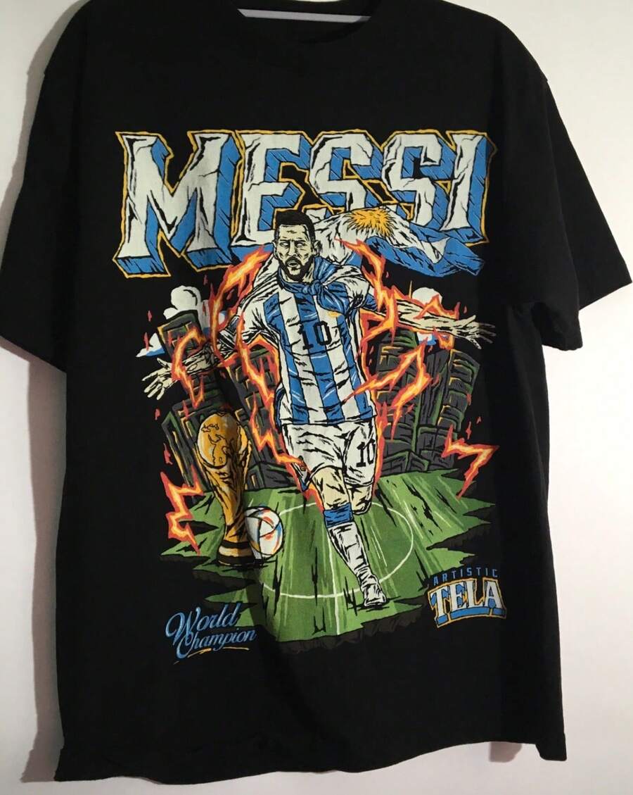 Artistic Tela Lionels Messis Men's Sz Medium World Champion Soccer Graphic T-Shirt. - 黑色 - 查看 1