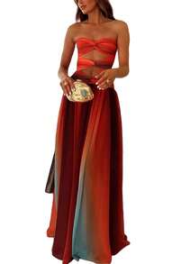 Women Tie Dye Tube Maxi Dress Strapless Twist Front Hollow Out Long Pleatde Dress Elegant Mesh Gradirnt Dresses - Fiery Red - Xem 1