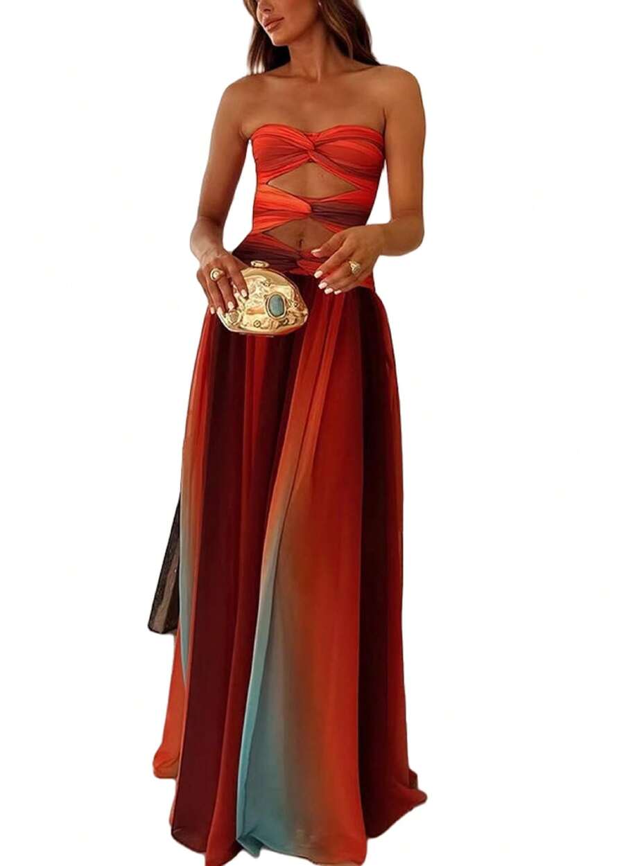 Women Tie Dye Tube Maxi Dress Strapless Twist Front Hollow Out Long Pleatde Dress Elegant Mesh Gradirnt Dresses - Fiery Red - Xem 1