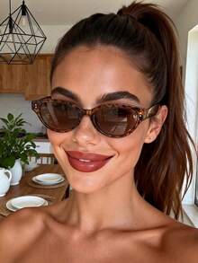 1 Pair Unisex Retro Cat Eye Oval Bohemian Style Fashion Glasses, Versatile & Fashionable - Leopard Tea - View 1