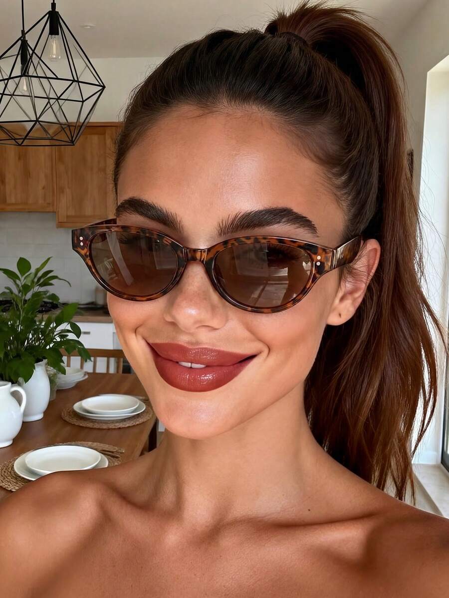 1 Pair Unisex Retro Cat Eye Oval Bohemian Style Fashion Glasses, Versatile & Fashionable - Leopard Tea - View 1