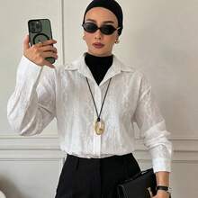 Livesso Lightweight Jacquard Long Sleeve Casual Blouse For Women, Spring - White - View 1