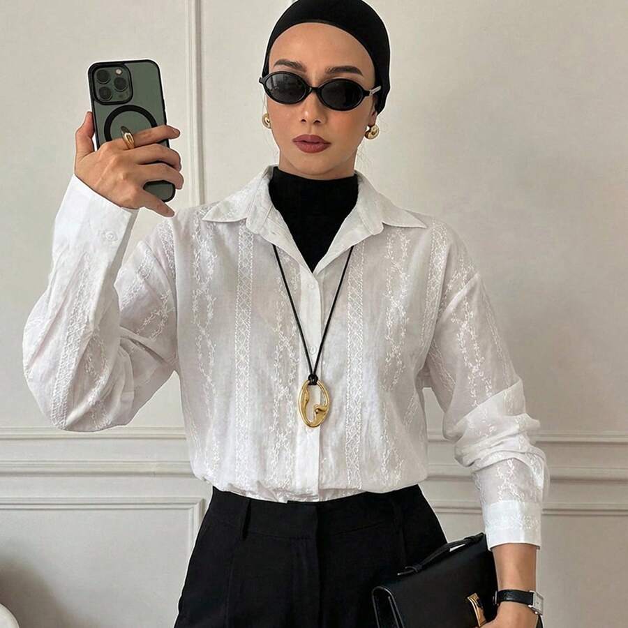 Livesso Lightweight Jacquard Long Sleeve Casual Blouse For Women, Spring - White - View 1