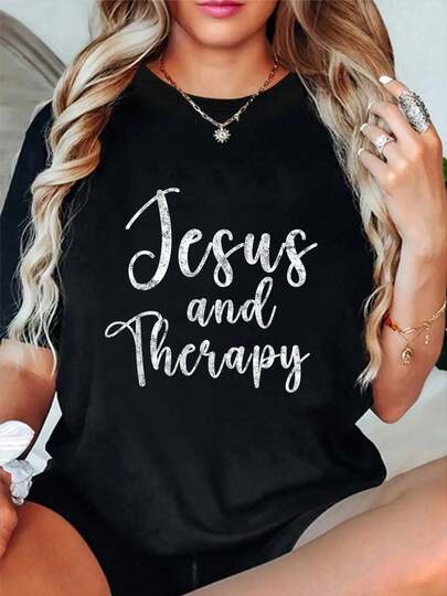 100% Cotton Jesus And Therapy Christian Funny Tee Bible Lover Prayer T-Shirt Women's Vintage Relaxed Fit Tee Premium Soft Tops Printing Round Neck Fashion Shirts