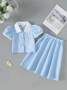 两件套少女清新学院风套装，甜美撞色泡泡袖翻领衬衫+纯色优雅A字迷你裙，夏季 - 淺藍色 - 查看 2