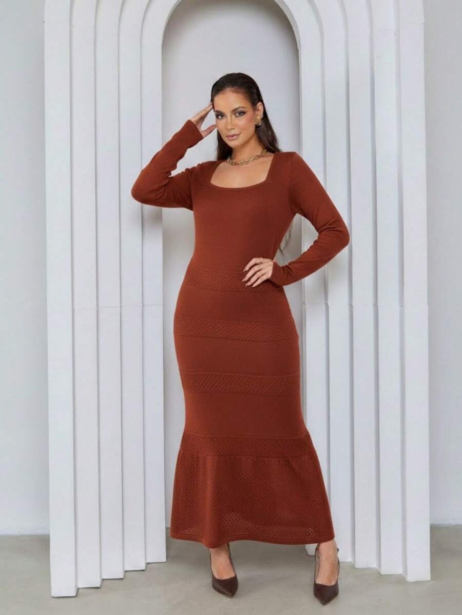 Vestido Longo Feminino Tricot Modal Manga Longa Gola Quadrada Casual Elegante Moda Outono Inverno