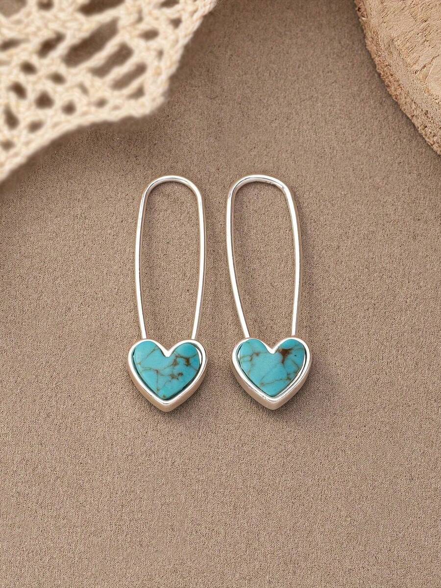 一对波西米亚风时尚创意心形绿松石极简设计耳环，适合女性日常佩戴和情人节佩戴。 - 耳環 - 查看 1