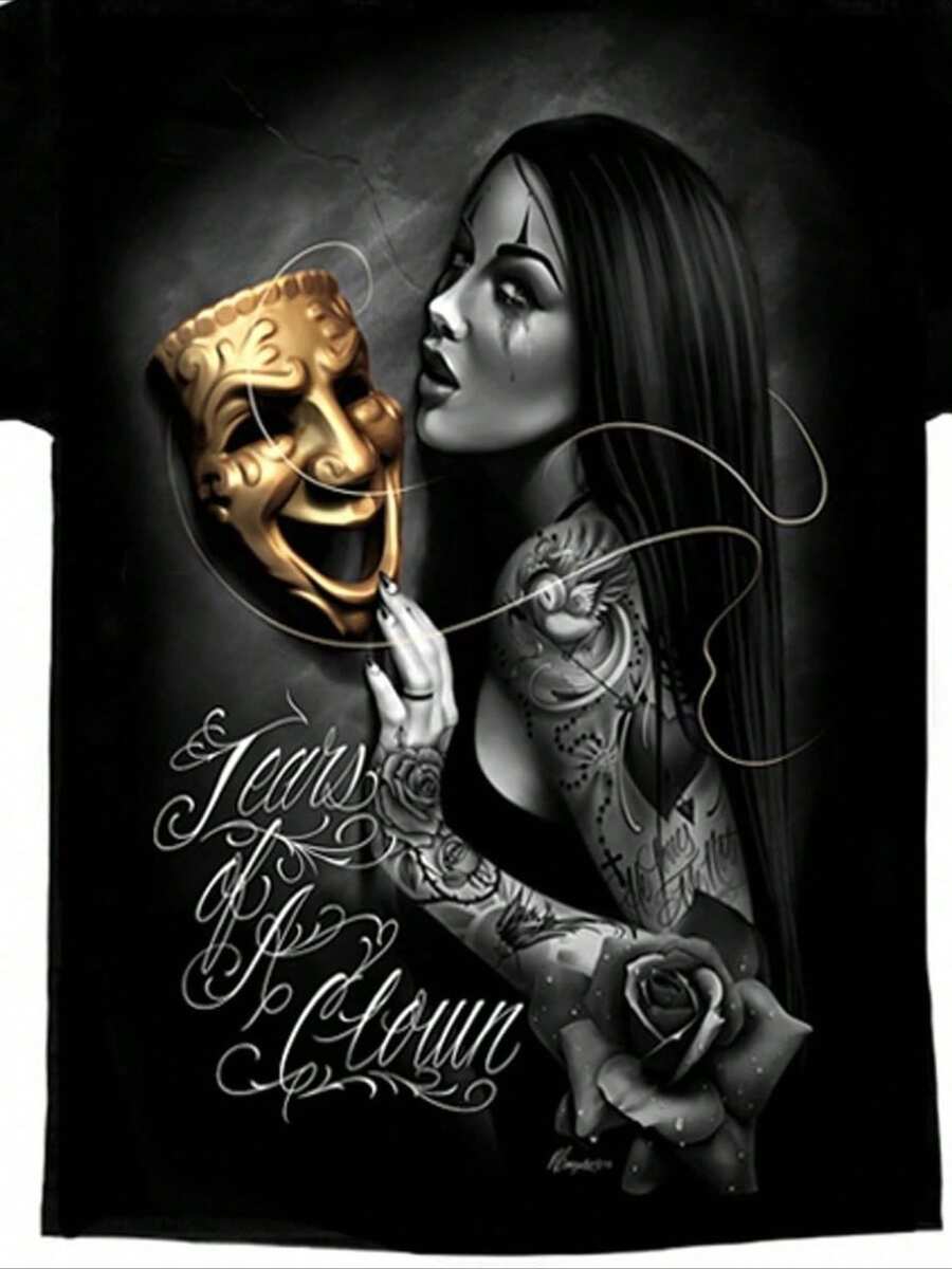 Tears Of A Clown Tattoo Lowrider Homies David Gonzales DGA Art Men's T Shirt. Fashionable And Minimalist, And Cool, Millennium Themed, 100% Pure Cotton T-Shirt - 黑色 - 查看 1
