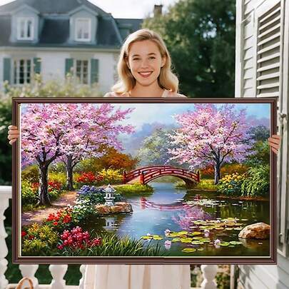 LaoJieYuan 2026 New Landscape Scenery Cross Stitch Kit, Cartoon House, Stream, Cherry Blossom Tree, Dreamlike Home Decor Painting Embroidery Set, DMC Printed Canvas Gift, DIY Handicraft Embroidery Kit, Crochet Kit, Punch Needle Embroidery Kit, Sewing Accessories, Embroidery Floss, Sewing Pattern, Crochet Supplies, Embroidery Kit For Beginners