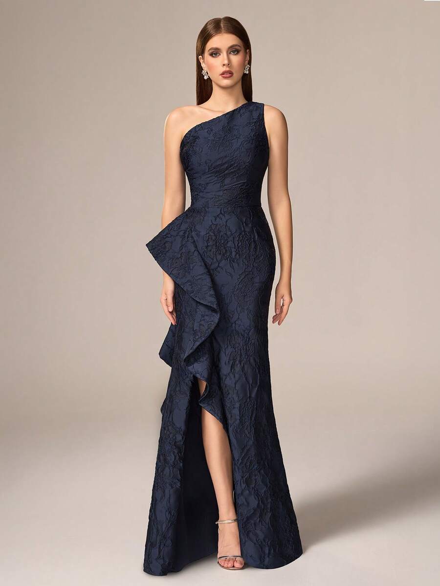 VIPGIRL Elegante y lujoso vestido sin mangas para mujer, con detalles de volantes y pliegues en el busto, hecho de tela de punto ligeramente elástica - Azul Marino - Ver 1