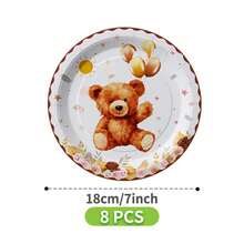 1 Set Flower & Bear Birthday Balloon Disposable Plates, Napkins, Cups, Serves 8 Guests, Suitable For Birthday, Wedding, Party, Family Picnic - Multicolor - View 9
