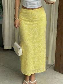 New Elastic Knit Bodycon Skirt For Women - Solid Textured Pattern, Elegant & Fashionable - Yellow - View 2