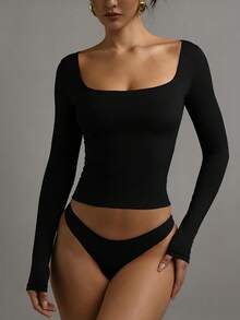 XLLAIS Big Square Neck Long Sleeve Casual Black Top Sexy High Stretch Double Layer T Shirts Women Fall Winter Clothes - Black - View 7