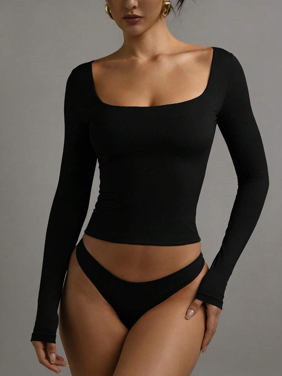 XLLAIS Blusa casual de manga larga con cuello cuadrado grande, negra, sexy, de doble capa y de alta elasticidad para mujeres, ropa de otoño e invierno - Negro - Ver 1