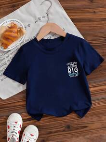 Young Boy Casual Graphic Print Crew Neck Short Sleeve T-Shirt, Summer Top - Navy Blue - View 5