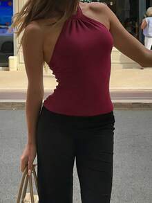 Camiseta de tirantes casual de color borgoña para mujer en verano - Burdeos - Ver 2