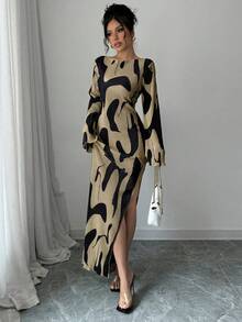 Vestido con estampado de patrones, diseño cruzado sin espalda y abertura lateral, elegante y de moda para mujeres,adecuado para uso diario y citas, se puede combinar con un abrigo. - Albaricoque - Ver 8