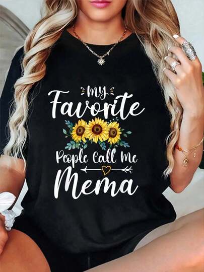 100% Cotton My Favorite People Call Me Mema Funny Floral Mother's Day T-Shirt Women's Vintage Relaxed Fit Tee Premium Soft Tops Printing Round Neck Fashion Shirts