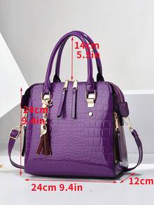 新款时尚女士母女包套装，亮面鳄鱼纹压花皮革，大容量女士手提包 - 紫色 - 查看 5