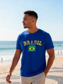 Camiseta Masculina Brasil Casual Streetwear Confortável 100% Algodão Verde Amarelo Azul Carnaval Verão Copa - Azul - Visão 1