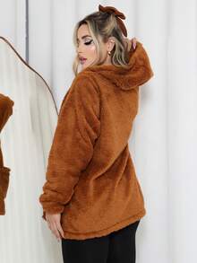 Plush Teddy Jacket/Blouse With Hood And Pocket. - Camel - View 3