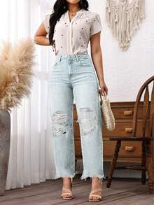 Casual Distressed Frayed Hem Fashion Denim Jeans For Women - Baby Blue - View 1