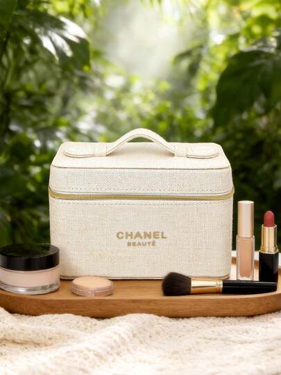 CHANEL Materiel, Beige Linen-Textured Cosmetic Vanity Case With Handle Large Capacity Portable Makeup Bag