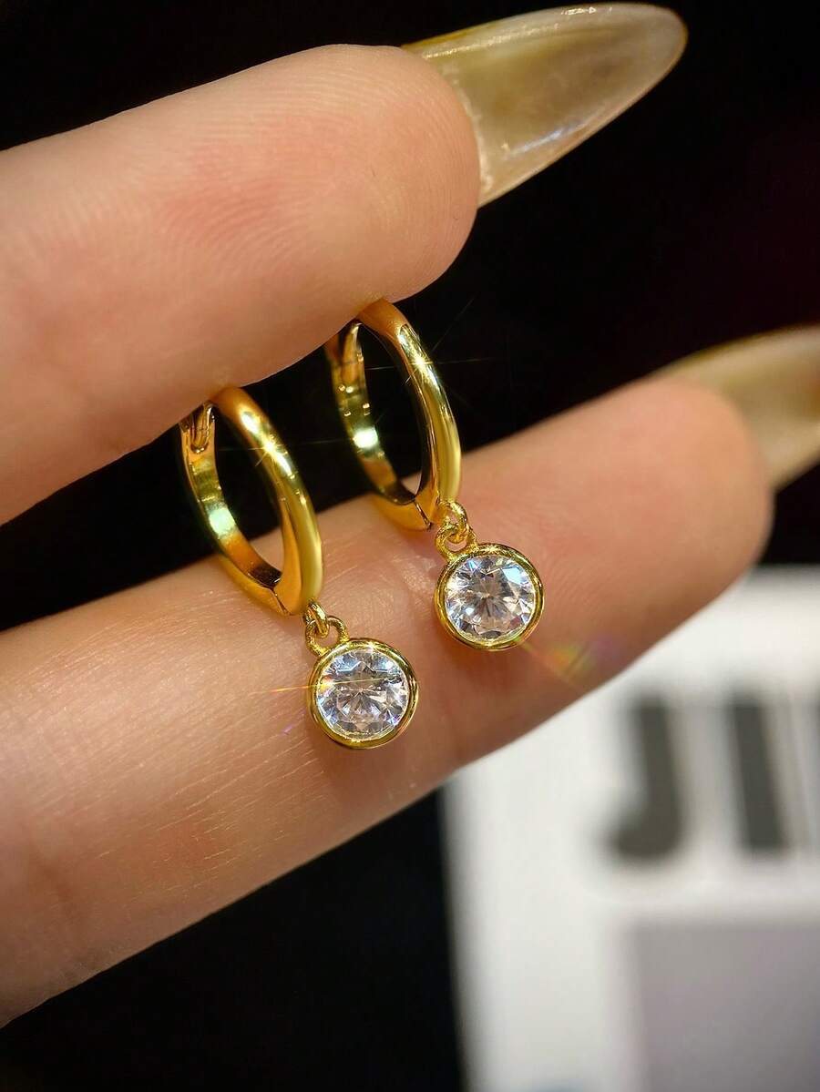 1pc Luxury Sparkling C-Shaped Cross Stud Earrings, Delicate&Elegant, Suitable For Dating And Party Wear - Gold - View 1