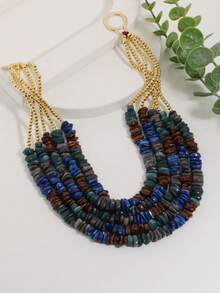 Collar de cuentas multicapa retro, combinación de cuentas de oro lujosa, cadena de clavícula con broche OT, diseño único con piedras dispersas, collar de atmósfera versátil - Cuentas de guijarros de colores - Ver 9