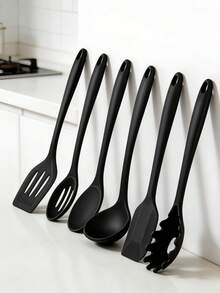7/8 pezzi Set di utensili da cucina in silicone, include spatola cinese, spatola per wok, mestolo per zuppa, colino, spatola per frittura, pinza per pasta, pinze per insalata, dosatore per miele, disponibile nei colori rosso e nero - nero - Visualizzare 2