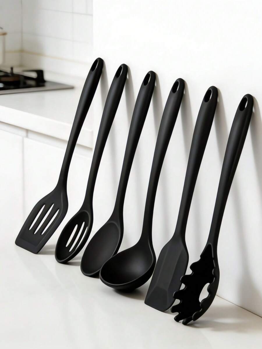 7/8 pezzi Set di utensili da cucina in silicone, include spatola cinese, spatola per wok, mestolo per zuppa, colino, spatola per frittura, pinza per pasta, pinze per insalata, dosatore per miele, disponibile nei colori rosso e nero