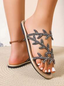 女士水钻树叶平底凉鞋，时尚优雅百搭休闲一脚蹬凉鞋，适合户外、海滩、派对、度假等场合。 - 黑色 - 查看 6