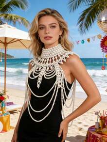 1入白色女士耐用多層空心調節中空編織珠子海灘假期夜總會披肩，綁結禮物身體飾品 - 白色 - 查看 14