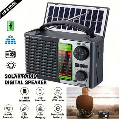 JOCmake Reliable Solar-Powered Radio With Flashlight – 3-Band AM/FM/SW, USB Charging, TF Card Slot, And Portable Design For Camping, Home, And Power Outages