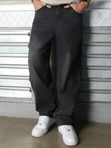 Logeqi® Jeans Vaqueros Baggy de pierna curvada Lavados de Color Negro De Moda Casual Formal Hippie Rockero Para Hombre - Negro - Ver 15