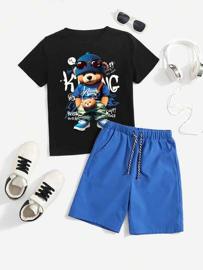 Tween Boy Summer Casual Bear Print Round Neck Short Sleeve T-Shirt & Drawstring Waist Shorts