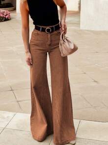 Women's Casual Loose Fit Wide Leg Jeans With Pockets And Zipper, Long Length With Stretch, Comfortable And Fashionable - Rust Brown - View 4