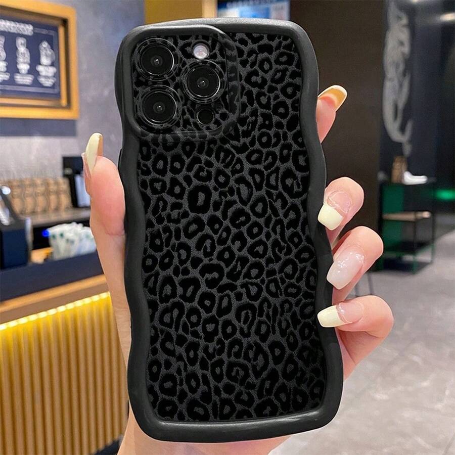 1pc Black Leopard Print Shockproof Wavy Phone Case, UV Printed For IPhone/Galaxy/Infinix/Redmi/OPPO/VIVO/MOTO/Realme - Black - View 1