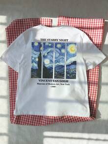 Áo thun nữ cổ tròn in chữ cá nhân, thời trang đa năng, tay ngắn, trang trí họa tiết bầu trời đầy sao của Van Gogh, áo hồng, áo trắng, áo đen dành cho nữ. - trắng - Xem 7
