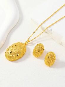 两件套中东斋月铜金色镂空点状椭圆形吊坠项链耳环首饰套装，馈赠亲友的最佳礼物 - 金黃色 - 查看 5