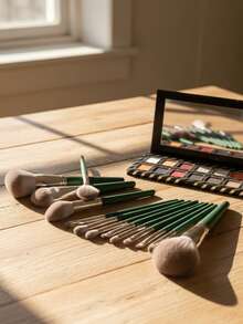 14pcs Professional Haze Green Makeup Brush Set, Soft Synthetic Hair Brushes, Create Airy Makeup Look, Complete Green Nature-Inspired Makeup Tool Collection, Cruelty-Free, Vegan, Suitable For Foundation, Powder, Blending, Eyeshadow - Green - View 6