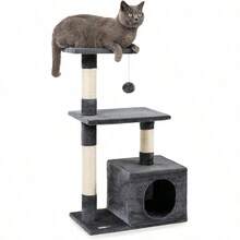 Centro de Actividades para Gatos Negro con 3 Plataformas, Cueva Gris y Postes de Sisal | Estructura Multifuncional 50x30x80 cm | Apartamento, Rascador y Zonas de Descanso - Negro - Ver 4