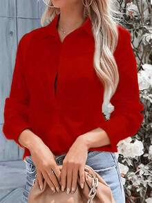 Camisa casual/de trabajo de manga larga, de un solo pecho, de unicolor rojo primavera para mujer - Rojo - Ver 3