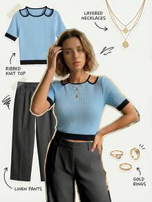 Women's Fitted Sleeveless T-Shirt, Made Of Twill Fabric, Casual/Minimalist/Elegant/Sexy/Streetwear/Y2K Style, Suitable For Office/Home/Streetwear, Cute Top, Elegant Apparel, Sexy Nightclub Style, Casual Summer, Summer T-Shirt, Cute Summer Top, Brunch Outfit, Casual Wear, Spring, Summer Top, Printed Blouse, Sexy Apparel - Baby Blue - View 2